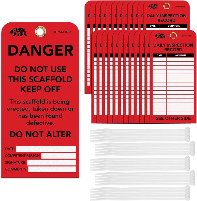 BearTOOLS Scaffold Tags - Safety Inspection Kit with Cable Ties - Danger Scaffold Status Warning Sign - Laminated 3 x 6 in, Pack of 25 - Weatherproof, Tear-Resistant - Red Tags - Image 1